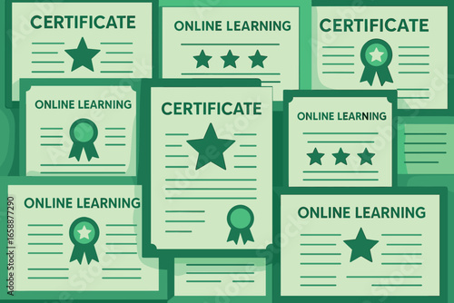 An array of online learning certificates and awards, layered to create depth. Each certificate has icons of stars and ribbons. The composition is