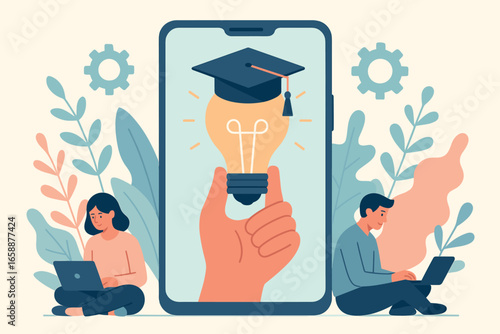 A giant smartphone stands upright as the central focus, displaying a hand holding a light bulb adorned with a graduation cap, symbolizing innovative