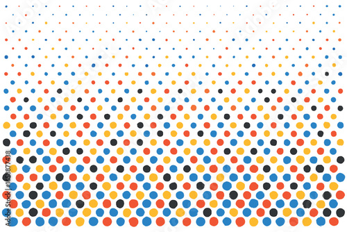 A field of colorful dots arranged in a halftone pattern gradually fading to white. The dots are densely packed, creating a visual gradient that moves