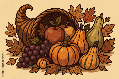 A cornucopia overflowing with fruits and vegetables symbolizes abundance and gratitude. Grapes, apples, and gourds spill from the horn-shaped basket,