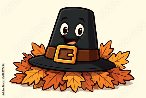 A cheerful cartoon pilgrim hat rests atop a pile of autumn leaves, its black felt contrasting with the vibrant foliage. The hat's golden buckle gleams