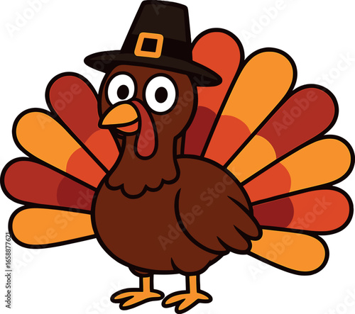 A cartoon turkey wearing a pilgrim hat stands proudly with its vibrant tail feathers fanned out in an array of warm autumn colors—deep red, orange,