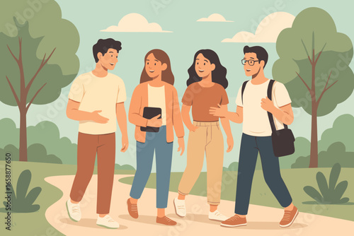 A team of young adults walks in a park-like setting, discussing enthusiastically. They are dressed casually, indicating a relaxed work culture. The