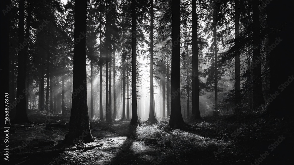 Fototapeta premium Sunlit forest tall trees, filtered light, creating a moody, atmospheric scene with shadows