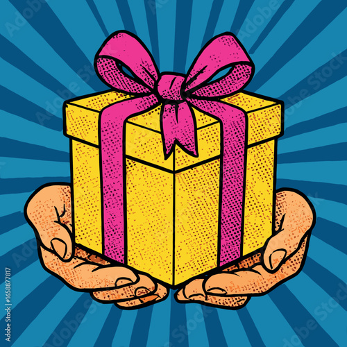 A pair of hands elegantly presents a bright yellow gift box adorned with a vivid pink ribbon. The focus is on the contrast between the vibrant colors