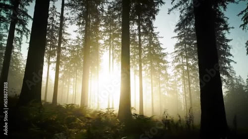 Sun Rays Filtering Through Tranquil Forest Trees Landscape