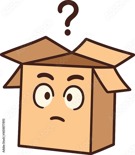 A curious cardboard box with raised eyebrows and a question mark overhead. The flaps are slightly ajar, peeking out as if exploring its surroundings.
