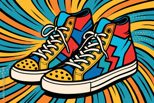 A pair of high-top sneakers with bold, graphic patterns are featured prominently. The shoes are set against a background of swirling comic-style lines