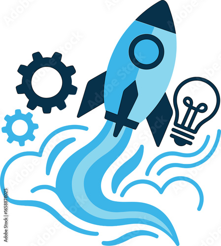 A stylized rocket, painted in shades of blue and black, launches upward, symbolizing aspiration and progress. It is accompanied by gears and a light