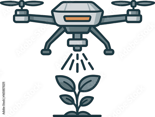 An advanced drone with a spray nozzle hovers above a plant, poised for precision irrigation. Centrally placed, the drone’s design is both functional