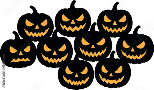 A collection of silhouetted jack-o’-lanterns with varied expressions, each carved with different spooky faces. They are arranged in a semi-circle,