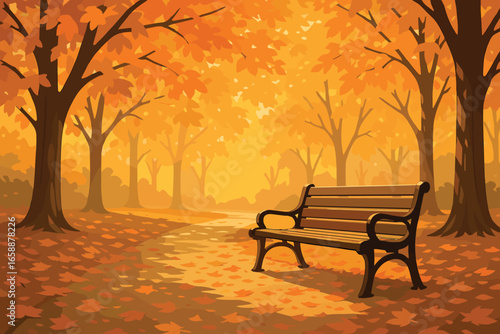 A serene autumn park scene featuring a bench beneath a canopy of colorful leaves. Sunlight filters through the trees, casting dappled shadows on the