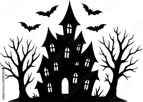 A silhouette of a haunted house with jagged edges and crooked windows, surrounded by leafless trees. Bats fly around, enhancing the haunted atmosphere