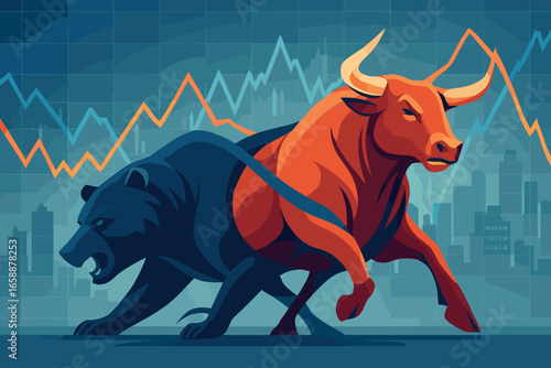 Stock market volatility visualized through interwoven bull and bear figures amidst fluctuating graph lines. The dynamic composition captures the