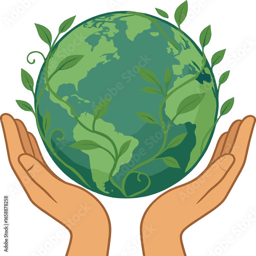 A pair of open hands cradle a globe, wrapped in vines and leaves, illustrating global environmental consciousness and stewardship. The background is