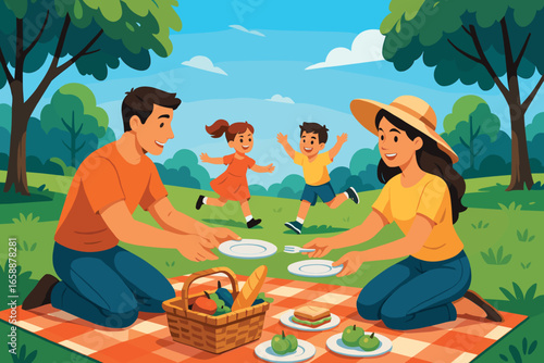 A family picnic unfolds in a sunny park, with a checkered blanket spread on the grass and a basket of food. Children play nearby, while parents set up