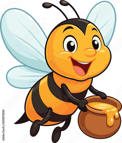 A cartoon bee joyfully carrying a small honey pot, with honey slightly spilling over the edge. The bee is depicted mid-flight, emphasizing movement