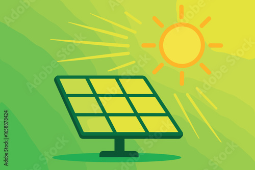 A solar panel in the upper right corner captures sunlight, depicted by a bright sun icon. It suggests the harnessing of solar energy, with rays