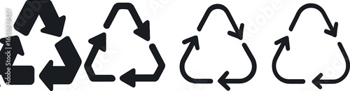 A collection of recycling symbols featuring arrows forming a loop, each with a different thickness and style. The icons are arranged in a row,
