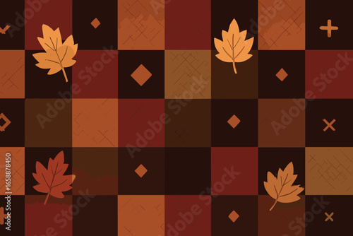 Plaid patterns in earthy tones form the backdrop of this autumn-themed artwork. The squares alternate in colors like deep reds, ochres, and browns,