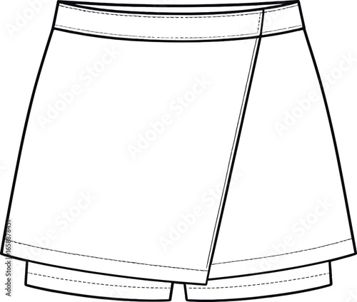A fashion technical flat of a skort, combining the look of a skirt with the functionality of shorts. The illustration shows the front view, focusing