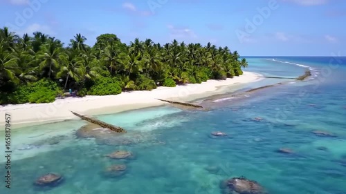 Turquoise Waters Lapping At Tropical Island Shoreline With Lush Palm Trees