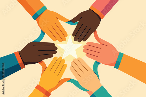 A network of hands forms a star shape, each hand connected to the next by colorful bands representing communication and connection. The hands emerge