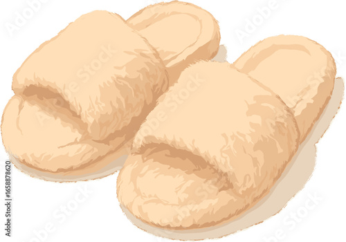 A pair of fluffy slippers, casually placed side by side. They are positioned centrally with a slight angle to showcase their texture. The scene exudes