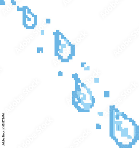 Pixelated water droplets cascading in a diagonal line, each droplet shimmering with light blue and white pixels. The droplets appear to be in motion,