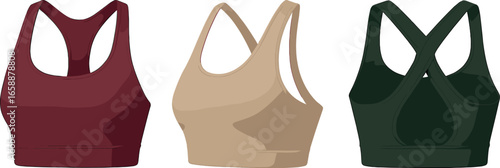 A trio of sports bras in different colors and cuts, highlighting front, side, and back views. Each bra has unique strap designs and detailing,