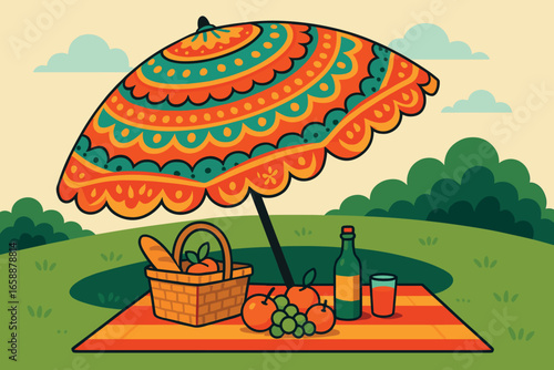 A bright, patterned parasol stands tall, casting a wide shadow over the picnic area. Its vivid colors and intricate designs complement the surrounding