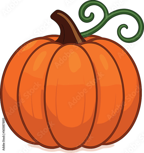 A bright orange pumpkin with a curly green vine, sitting upright as the central focus. Its smooth, rounded shape is accentuated against a clean,