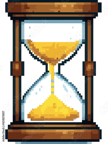 An animated pixel art hourglass, flipping to show the passing of time. The sand inside is represented by tiny yellow pixels, trickling from the top to
