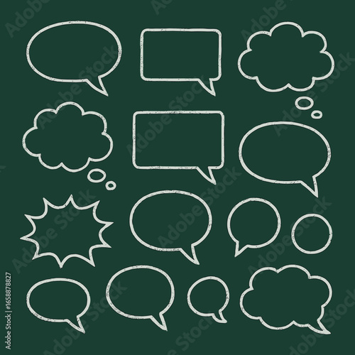 An assortment of chalk-drawn bubbles, both speech and thought, decorates a chalkboard, each with a distinct design. The informal layout suggests