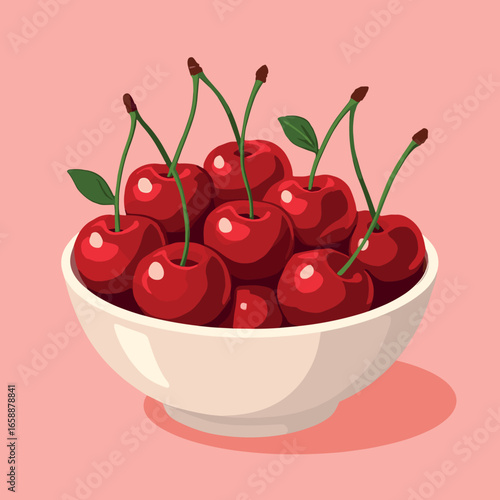 A bowl of cherries, vibrant and glossy, takes center stage on the soft pink backdrop. The cherries are nestled in a delicate white bowl, their rich