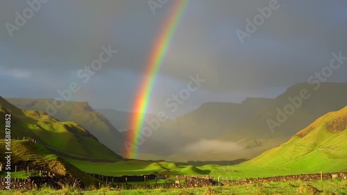 Vivid Rainbow Landscape After the Storm With Pastoral Scenery