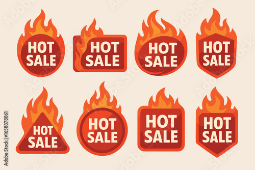 An array of 'HOT SALE' badges, each featuring a unique flame design that conveys intensity and excitement. The badges come in various geometric shapes