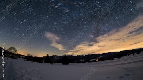 Winter Night Star Trails Above Snowy Mountain Landscape