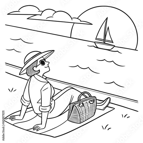 Woman with straw hat sunbathing on top of a towel on the beach. Beach bag and sunglasses. Landscape with sailboat on the horizon. Vacation, relaxation and calm concept. Tanning in middle-aged woman. c