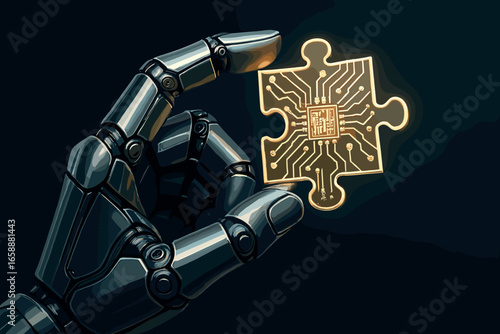 A close-up of a robotic hand delicately holding a piece of a puzzle, with the circuits on the piece reflecting light. The focus on the fingertips and
