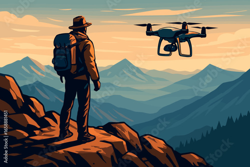 An explorer stands at a mountain summit, gazing at a distant horizon with a drone hovering nearby. The composition suggests a blend of adventure and