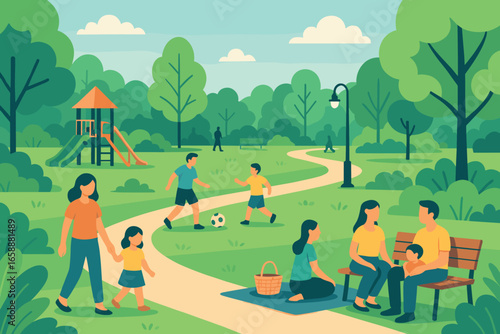 A community park filled with greenery, walking paths, and recreational zones. Families and individuals enjoy the open space, engaging in leisure