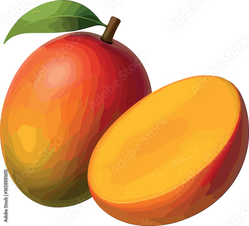 A pair of mangoes, one whole and one sliced, revealing the bright orange flesh inside. The smooth, slightly glossy surface of the mangoes contrasts