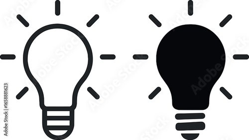 A pair of light bulb icons, one outlined and the other filled with solid black, placed side by side. This juxtaposition illustrates the transition