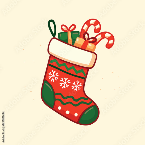 A vibrant Christmas stocking filled with small gifts and candy canes hangs in the air. The stocking is adorned with festive patterns, combining reds