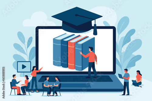A large laptop with a graduation cap rests at the center, its screen displaying oversized books as a miniature person selects one. Surrounding the