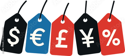 A row of price tags each in black, blue, and red, adorned with bold currency symbols. The tags hang at varying angles, adding dynamism and interest.