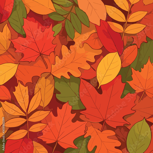 A vivid display of autumn foliage, featuring a mix of leaf types and colors, creates a lush tapestry. The leaves overlap and interact, forming a