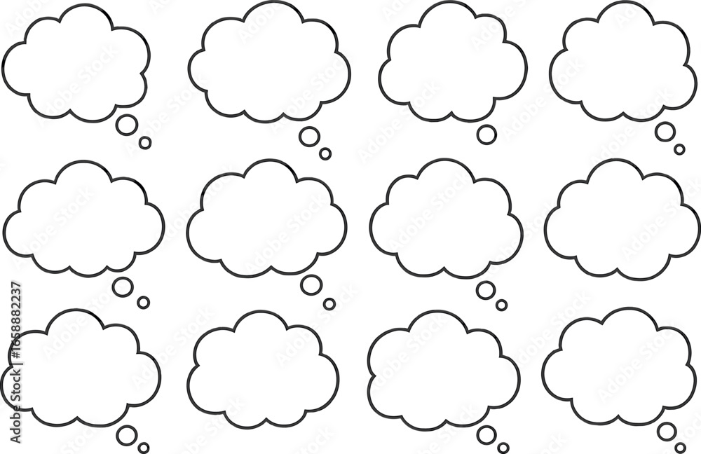 Obraz premium An assortment of thought bubbles, each with a unique cloud-like shape, outlined in a crisp black line. These bubbles are evenly spaced, creating a