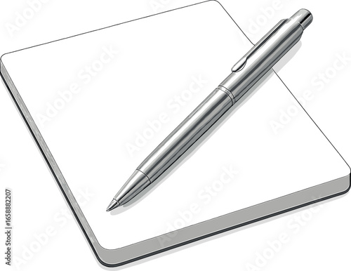A sleek, silver ballpoint pen lies diagonally across a blank notepad. The pen's metallic sheen contrasts with the matte surface of the paper, creating